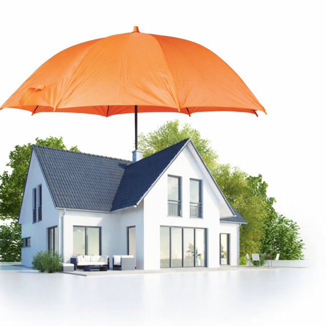 A modern house is sheltered by a large orange umbrella, symbolizing protection, with trees and outdoor furniture nearby on a white background.